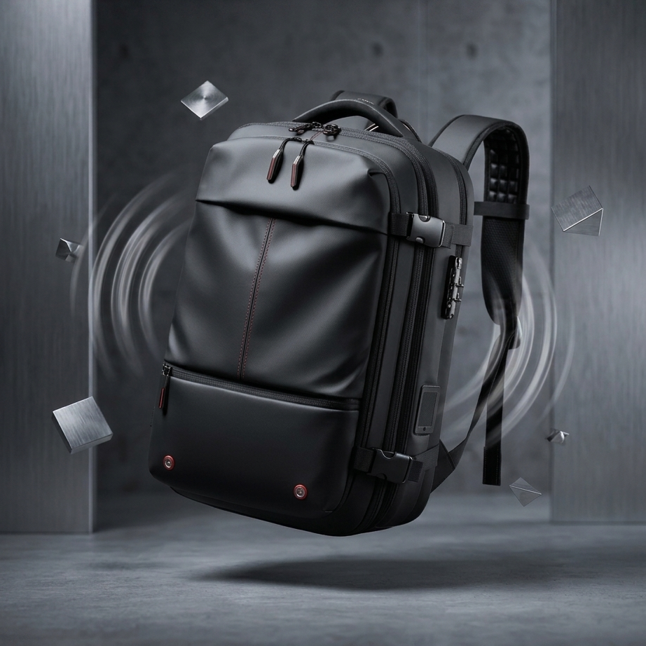 Vaqio AeroSeal Pro vacuum compression travel backpack - black upgraded version - front view with compression pump